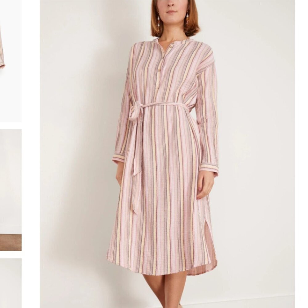NWT Xirena Stripe Midi Shirtdress Pink Cotton Tie Waist Long Sleeve Button Front